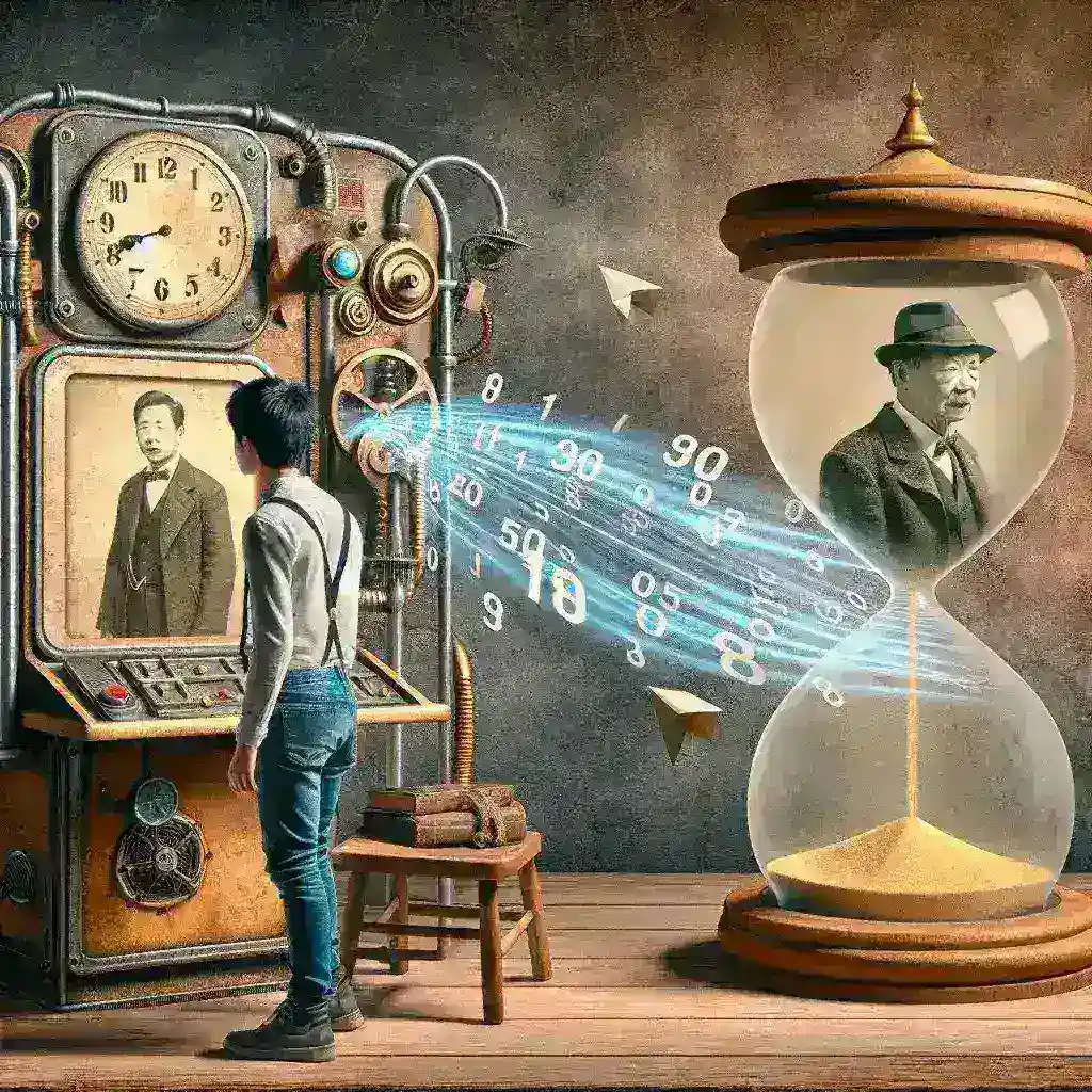 "Ilustração do paradoxo do avô com uma representação visual de uma máquina do tempo e um avô interagindo com seu neto, simbolizando a teoria dos efeitos de viagem no tempo e suas implicações éticas."